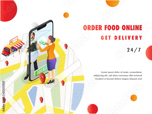 Online shopping, isometric concept, food mobile app open on a smartphone screen, online delivery with map navigation to the destination point. Showing fresh and fast delivery from restaurant.