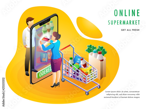 Online supermarket or grocery purchasing, with an online store on smartphone screen, grocery products and shopping cart. Landing page design for advertisement.