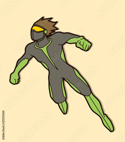Superhero flying action, Cartoon superhero man jumping graphic vector.
