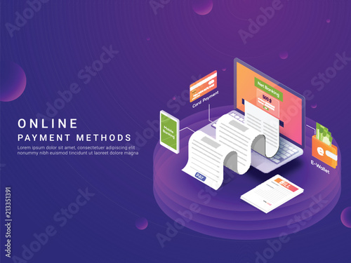 Isometric, online payment ways or option concept. Internet payments by card, net banking and e-wallets and payment receipt. Secure money transfer. Laptop device.