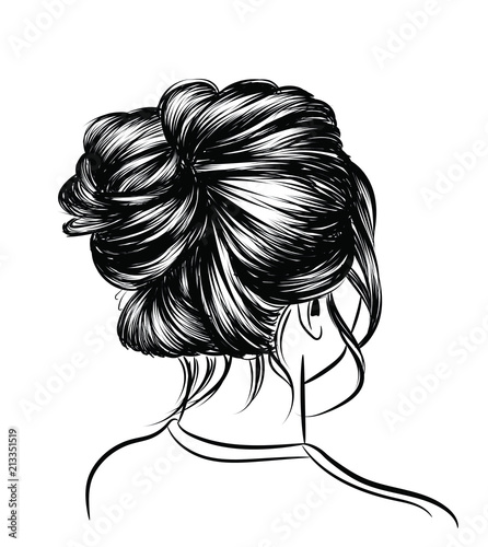 Woman with stylish classic bun with perfet eyebrow shaped and ful. Illustration of business hairstyle with natural long hair. Hand-drawn idea for gretting card, poster, flyers, web, print for t-shirt.