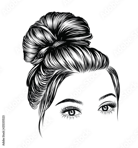 Retro Cat eye sunglasses fashion illustration, 90s style modern renaissance .Stylish girl with big lips and natural makeup. Perfect eyebrows and long eyelashes.Silky healthy short bob hair. 