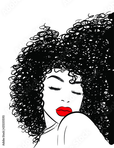 Hand-drawn black woman with curly luxurious hair and big sexy lips.Girl with perfectly shaped eyebrows and full lashes. Idea for business visit card, typography vector.Perfect salon look.