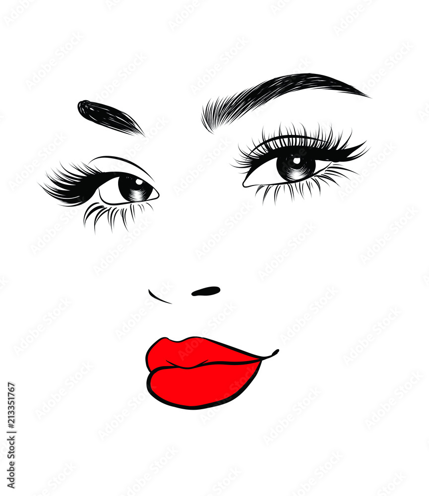 Cute portrait girl with classic retro curly hair.Close up look , cat eye with long eyelashes and full shaped eyebrows, perfect red lips shape.Hand-drawn idea for business visit card Cute portrait girl with classic retro curly hair.Close up look , cat eye with long eyelashes and full shaped eyebrows, perfect red lips shape.Hand-drawn idea for business visit card