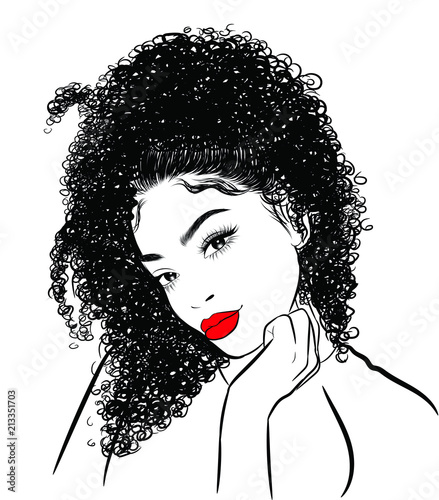 Hand-drawn black woman with curly luxurious hair and big sexy lips.Girl with perfectly shaped eyebrows and full lashes. Idea for business visit card, typography vector.Perfect salon look.