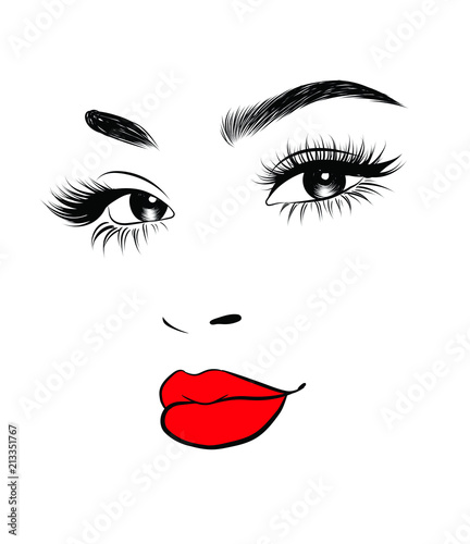 Cute portrait girl with classic retro curly hair.Close up look , cat eye with long eyelashes and full shaped eyebrows, perfect red lips shape.Hand-drawn idea for business visit card 