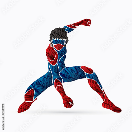Superhero landing action, Cartoon superhero man graphic vector.