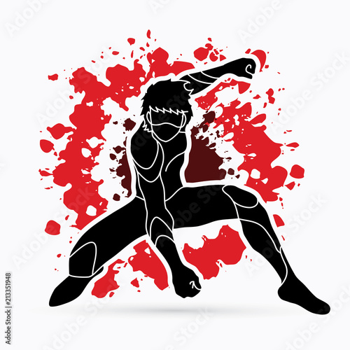 Superhero landing action, Cartoon superhero man graphic vector.