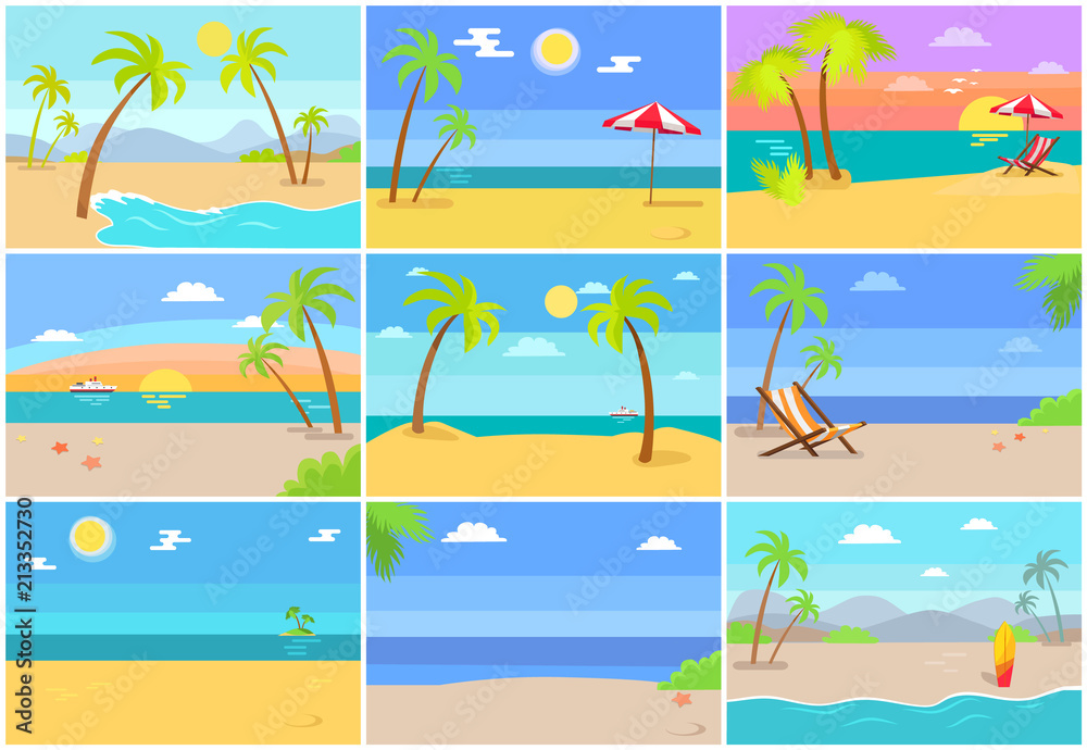 Nature Sea Beaches Collection Vector Illustration