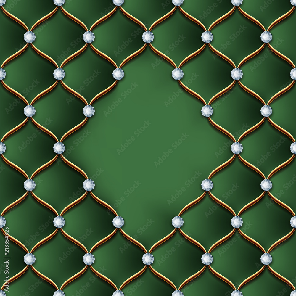 Fototapeta premium Leather upholstery seamless pattern with golden thread and gems. Vector Illustration