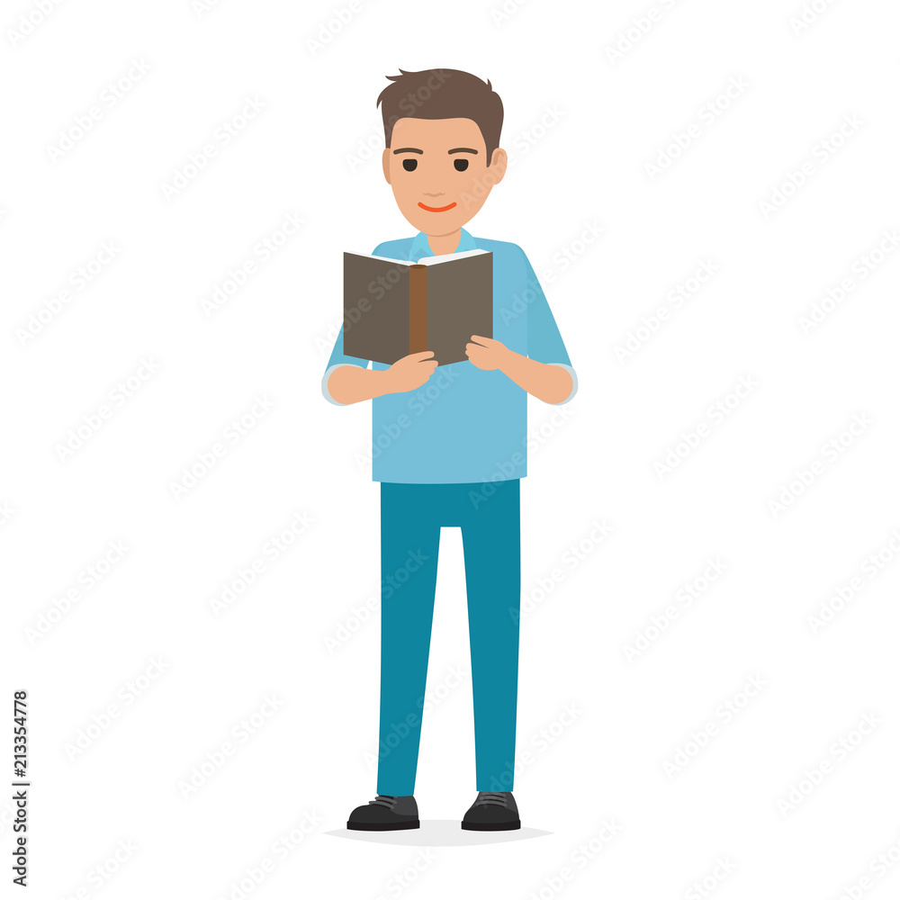 Boy Stands and Reads Open Book Isolated on White Boy Stands and Reads Open Book Isolated on White