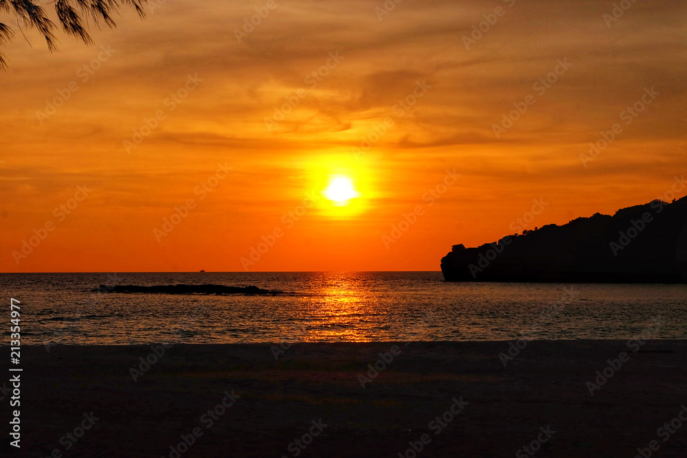 Landscape of sea paradise tropical island beach, sunset time of Tarutao island, Thailand.
