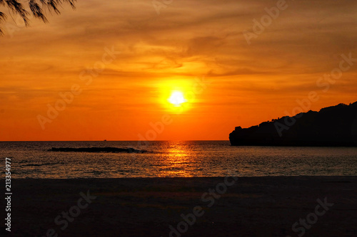 Landscape of sea paradise tropical island beach, sunset time of Tarutao island, Thailand.