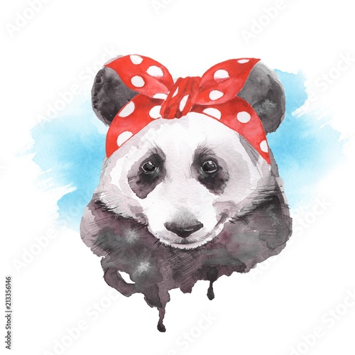 Cute panda wearinf bandana. Watercolor illustration photo