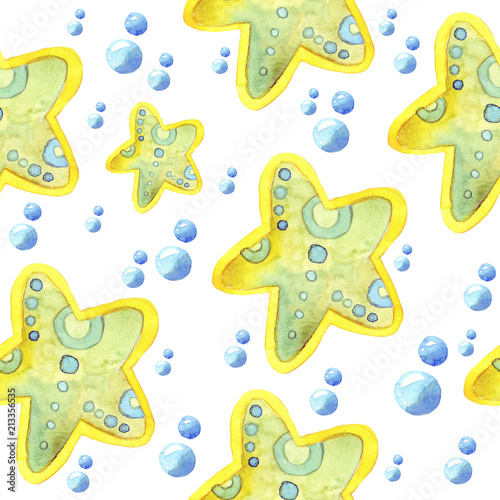 Seamless pattern with watercolor stylized yellow starfish and bubbles isolated on white background.