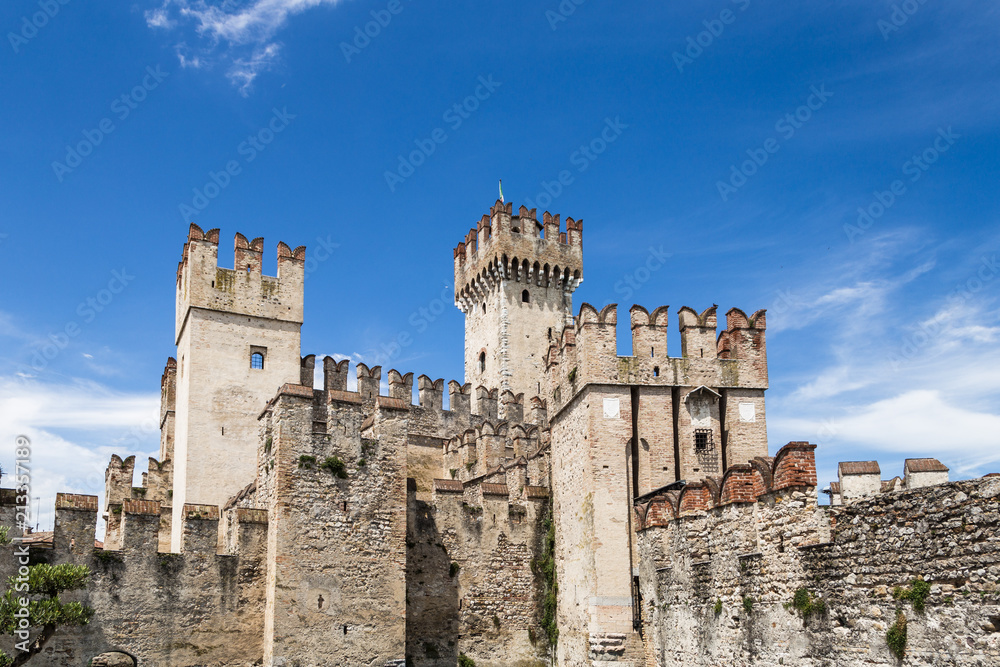 Scaligero castle guarding the entrence of the Sirmione medieval town by lake Garda in Lombardy in north Italy.