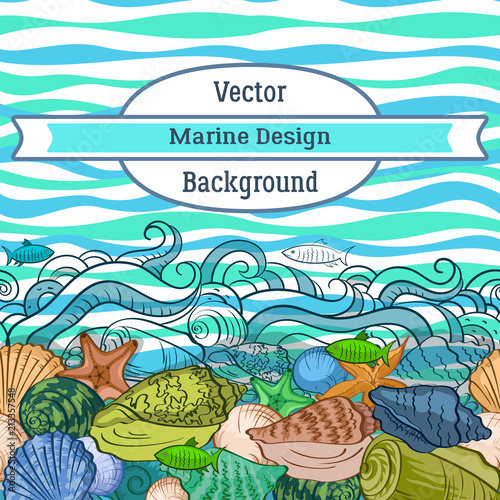 Fototapeta Naklejka Na Ścianę i Meble -  Sea Exotic Pattern, Seashells, Fishes, Starfish Colorful and Contours on a Blue and Green Wave Background. Vector