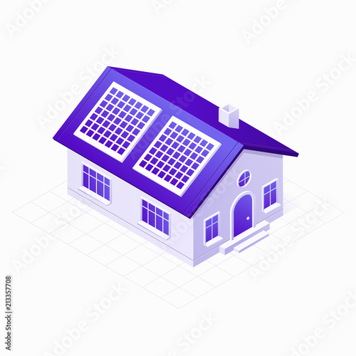 Solar panels electric system on the eco energy house 3D isometric icon, vector illustration isolated on white background.