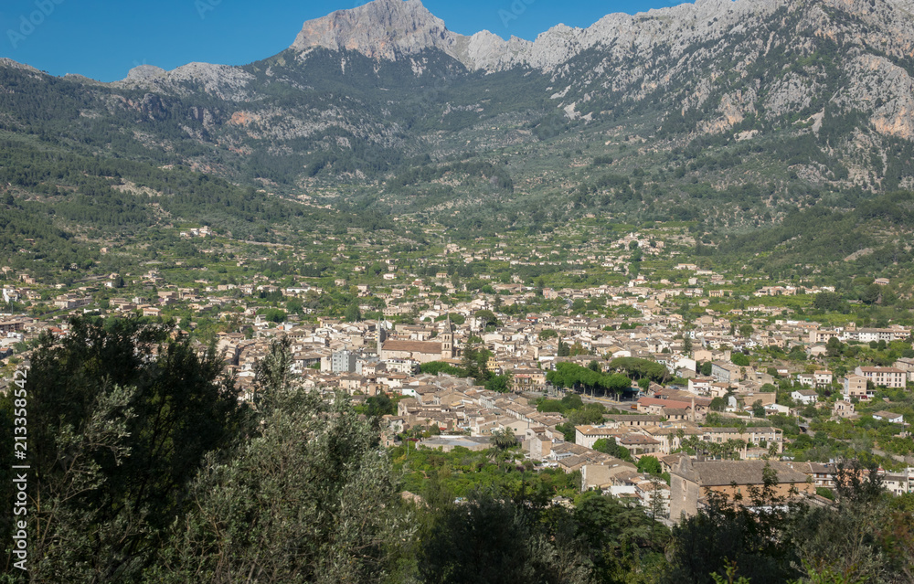 Soller Majorca aerial view from the mountains, Mallorca island, Balearic Islands, Spain beautiful landscape