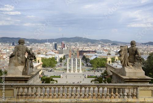 Panoramic view of Plaza de Espana Barcelona from the Museum of Arts View of the sculptures of the Palace in front © Carlos Dominique