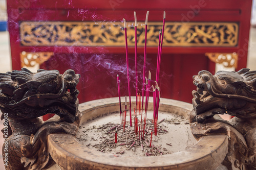 Temple of snakes with real snakes inside on the island of Penang, Malaysia photo