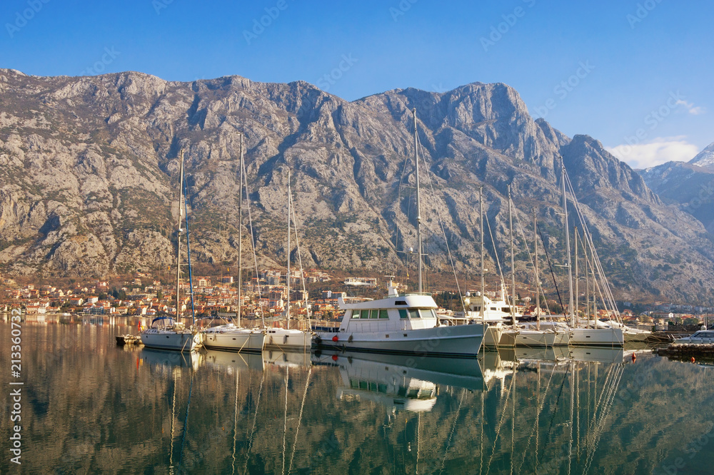 Winter Mediterranean landscape. Montenegro, Bay of Kotor, view of pier near Muo village