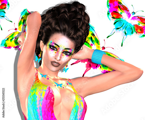 Modern fashion, hairstyle and art scene with water color butterflies background that matches the woman's colorful dress.  Our unique 3d rendered digital model art scenes are eye catching and powerful 