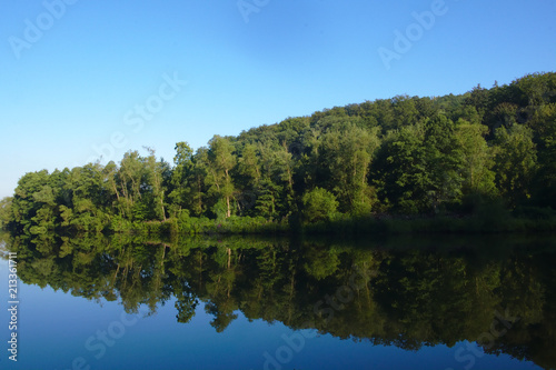Calm river with many reflections of the trees and the forest in front of a clear blue sky