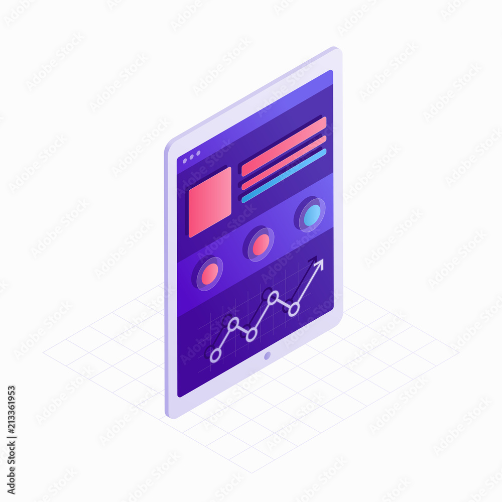 Tablet isometric icon with touchscreen and website 3D design vector illustration. Concept of digital technology with infographic elements for presentation, landing page Tablet isometric icon with touchscreen and website 3D design vector illustration. Concept of digital technology with infographic elements for presentation, landing page