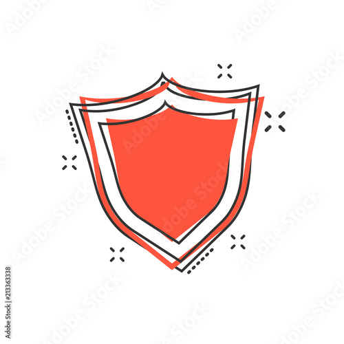 Vector cartoon shield protection icon in comic style. Protect sign illustration pictogram. Defence business splash effect concept.