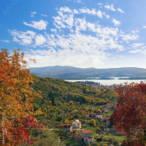 Colorful autumn landscape. Montenegro, view of Tivat city and Lustica peninsula from the slope of the mountain