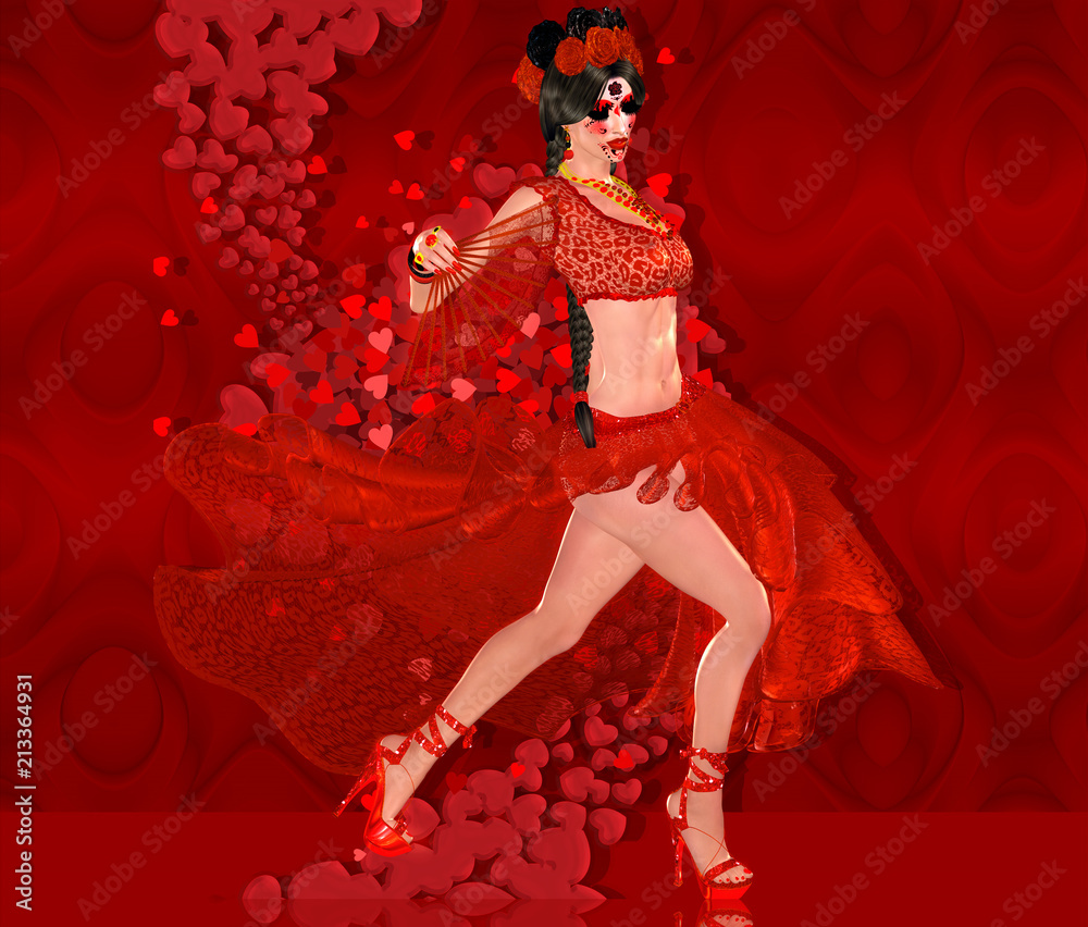 Sexy flamenco dancer in red dress with fan. Flamenco, the seduction and beauty are all right here with our unique 3d rendered digital model art designs. Stock Illustration | Adobe