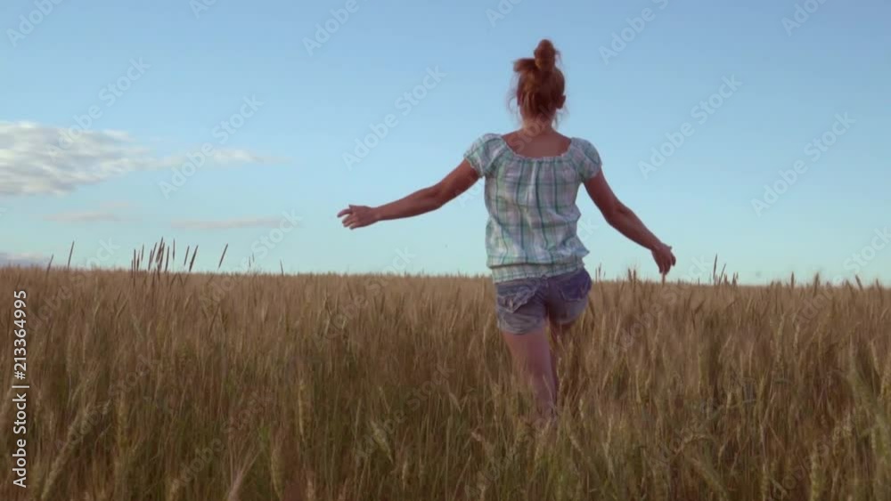 The joyful girl slightly jumping runs on the field with wheat.
The joyful girl slightly jumping runs on the field with wheat.