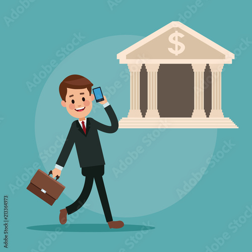 Businessman talking with smartphone and hoding briefcase vector illustration graphic design