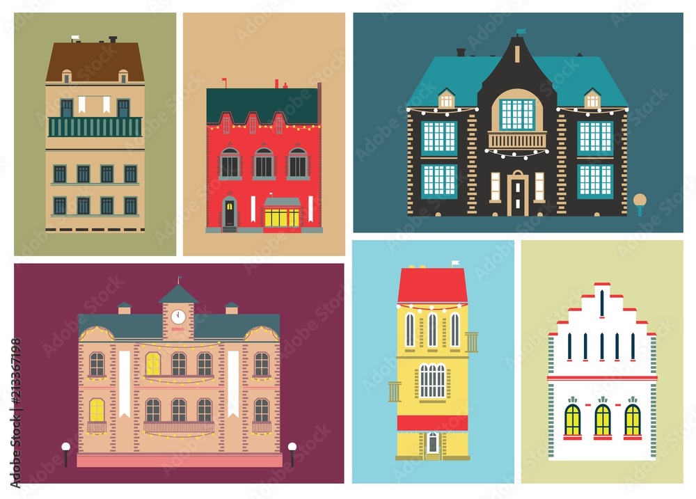 Decorative flat image of colored houses and buildings for postcards and posters