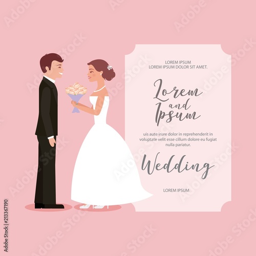 beautiful bride with bouquet and groom wedding card