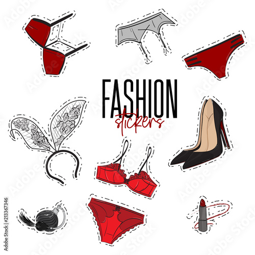 Woman trendy fashionable stickers with bra, panties, intimates, perfume, garnet, lipstick, heels and bunny ears. Valentines Day new collection. Night games stuff. Lingery set decoration. Intimates pin