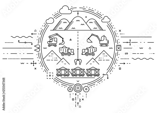Global concept of extraction minerals, soil, sand, gravel. Extraction with excavator and transportation with dumper truck and freight train. Flat infographics. Linear illustration.
