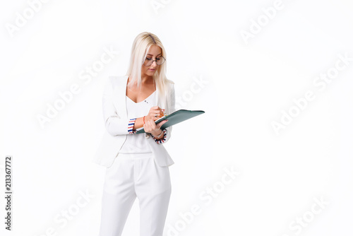 Portrait of a successful business woman. Isolated over white background. Performs an audit of the company's accounting. Found errors in the swelling