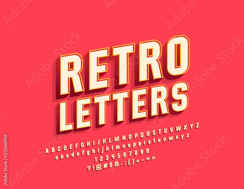 Vector Retro Bright Alphabet Letters, Numbers and Symbols. Vintage Stylish Font for Logo, Emblem, Banner
