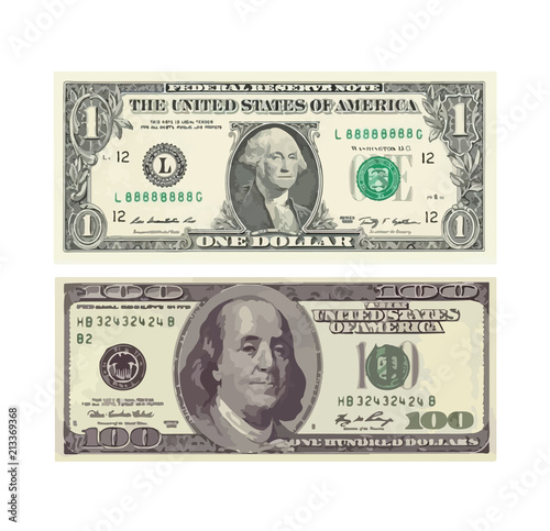a hundred-dollar and one-dollar bill. vector illustration
