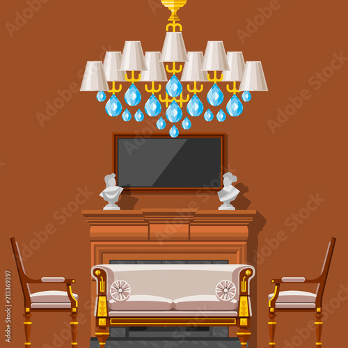 VIP vintage interior furniture rich wealthy house room with sofa set brick wall background vector illustration.