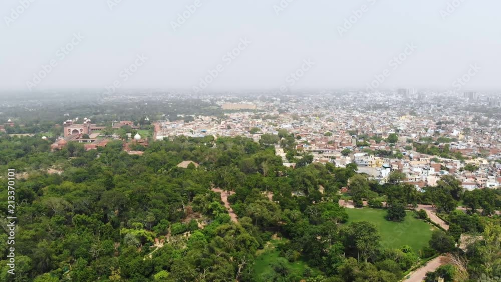 Aerial panoramic view of cityscape of Agra (city of Taj Mahal) - Uttar Pradesh, landscape panorama of India from above, Asia Aerial panoramic view of cityscape of Agra (city of Taj Mahal) - Uttar Pradesh, landscape panorama of India from above, Asia