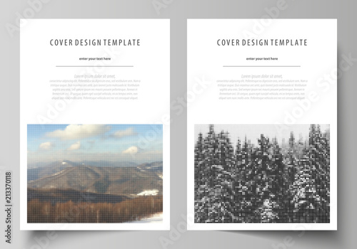 Business templates for brochure, magazine, flyer, booklet, report. Cover design template, vector layout in A4 size. Abstract landscape of nature. Dark color pattern in vintage style, mosaic texture.