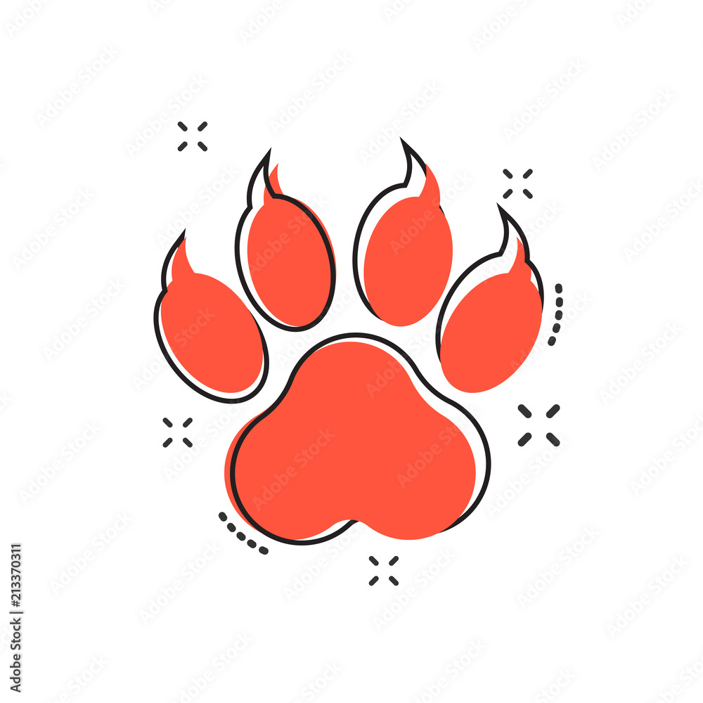 Obraz Vector cartoon paw print icon in comic style. Dog, cat, bear paw sign illustration pictogram. Animal foot business splash effect concept.
