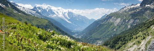 a view of the chamonix valley from the alpine mountains in the Vallorcine area with foreground of alpine meadows on a clear summer day with blue sky and bright clouds photo