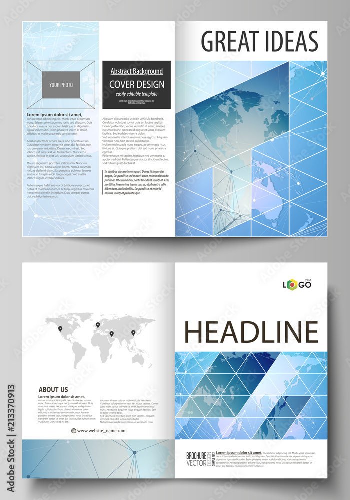 The vector illustration of the editable layout of two A4 format modern cover mockups design templates for brochure, flyer, booklet. World map on blue, geometric technology design, polygonal texture.