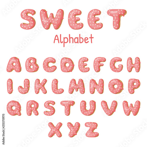 Hand drawn Donut letters. Pink Donuts ABC. Fun Alphabet. Vector template for your design.