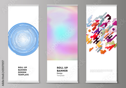 The vector illustration of the editable layout of roll up banner stands, vertical flyers, flags design business templates. Abstract colorful geometric backgrounds in minimalistic design to choose from