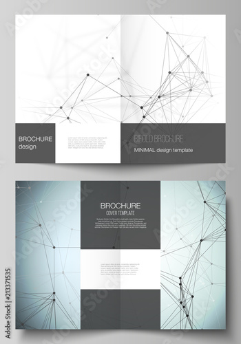 The vector layout of two A4 format cover mockups design templates for bifold brochure, flyer, report. Technology, science concept. Molecule structure, connecting lines and dots. Futuristic background